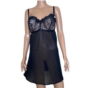 Cacique Sheer Black Lace Chemise Nightgown Pajamas-26/28